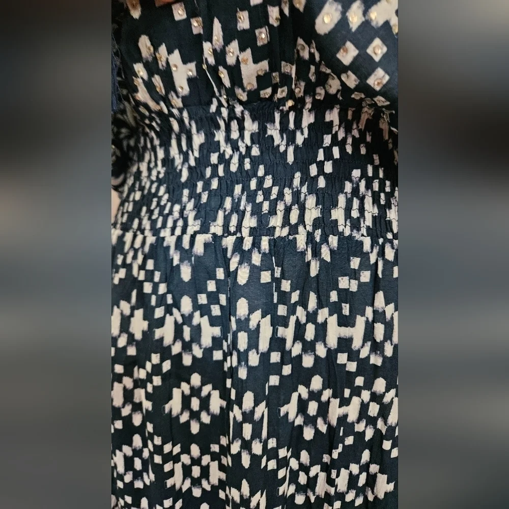 RubyYaya Beaded Boho Maxi Dress Blue White Geometric Print Size M - Picture 9 of 16